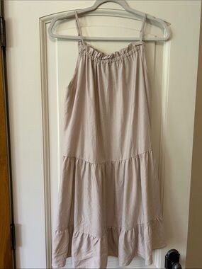 Light Beige Tiered Knee Length Dress with Spaghetti Straps. Nuetral summer color